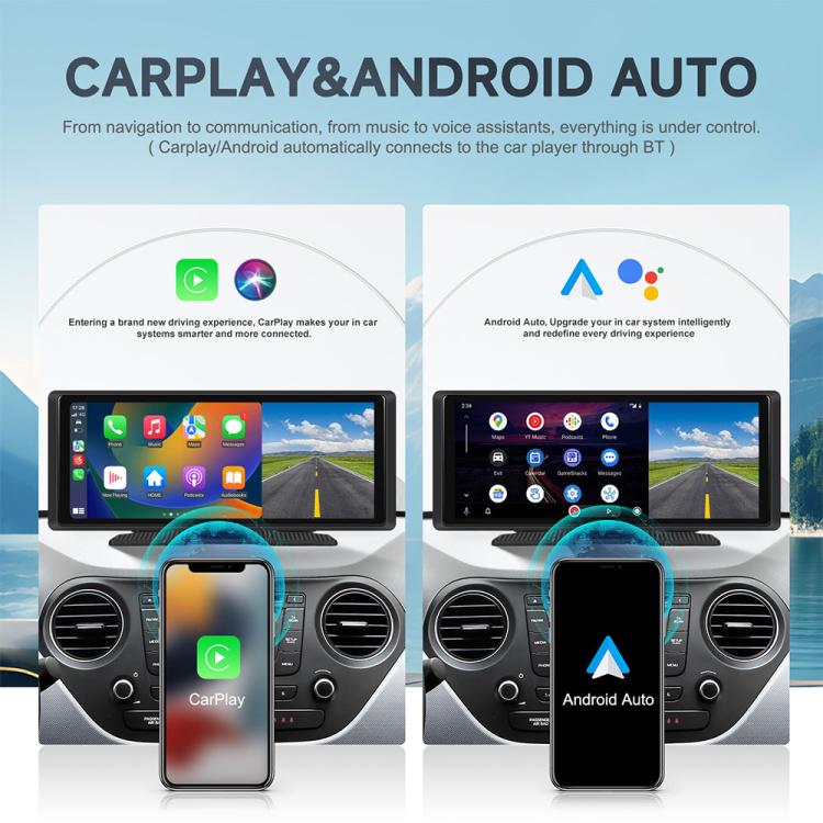 Portable car navigation screen with CarPlay and Android Auto connection panels