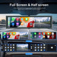 Portable car touchscreen displaying split-screen app interface with iPhone and Android views