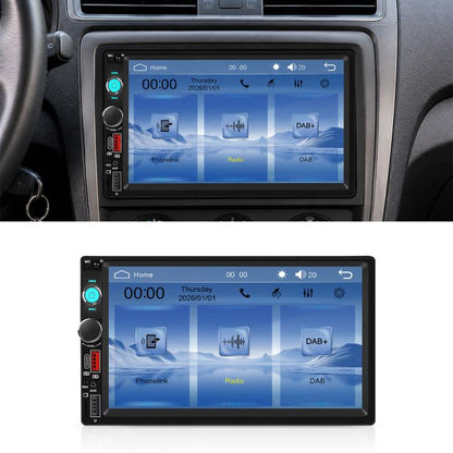 Black 7-inch dual-DIN car MP5 player with touchscreen and left control knobs