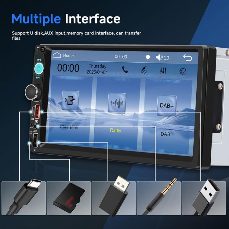 Dual-DIN car MP5 player with 7-inch touchscreen home screen and radio widgets