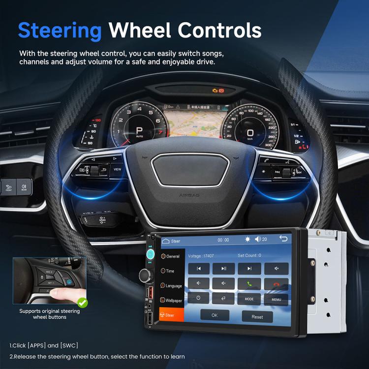 Dual-DIN car MP5 player touchscreen with steering-wheel control button panel