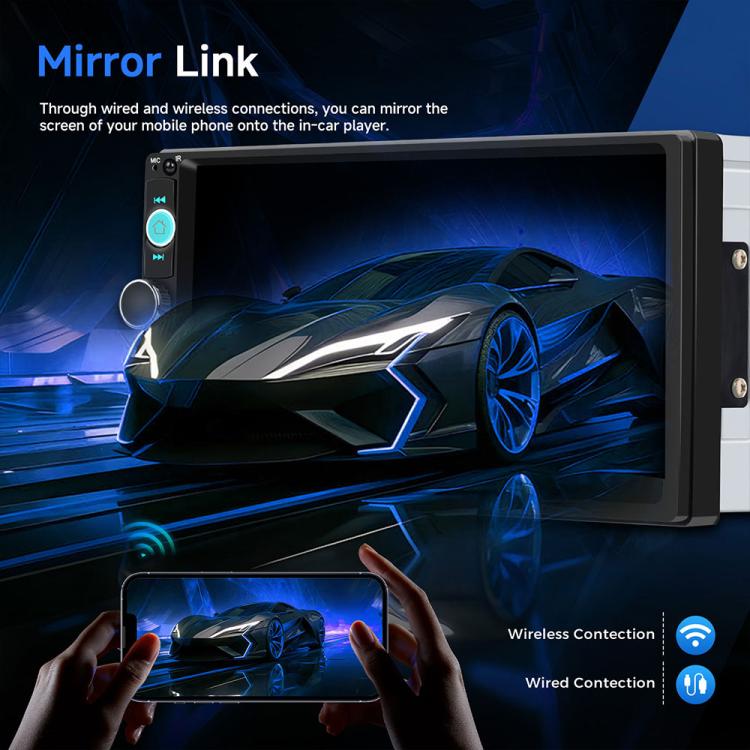 Dual-DIN car MP5 player with Mirror Link display and phone screen preview