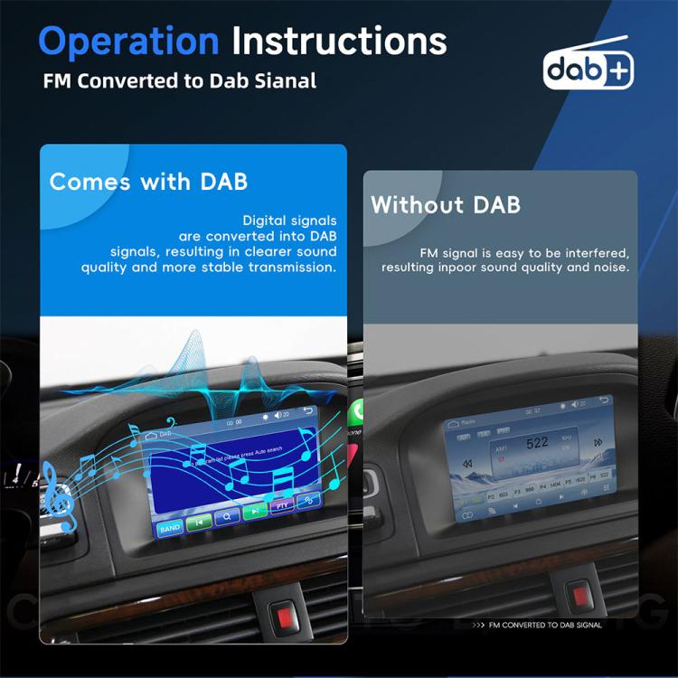 Car MP5 player with 7-inch touchscreen showing DAB radio signal mode
