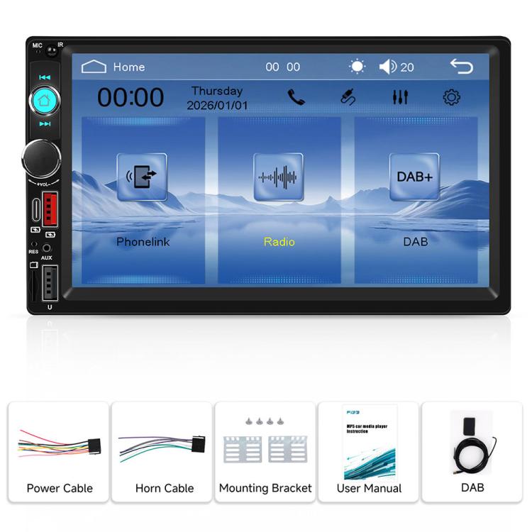 Dual-DIN car MP5 player with touchscreen and included power cable, horn cable, bracket