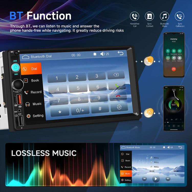 Black 7-inch dual-DIN car MP5 player touchscreen showing Bluetooth keypad interface