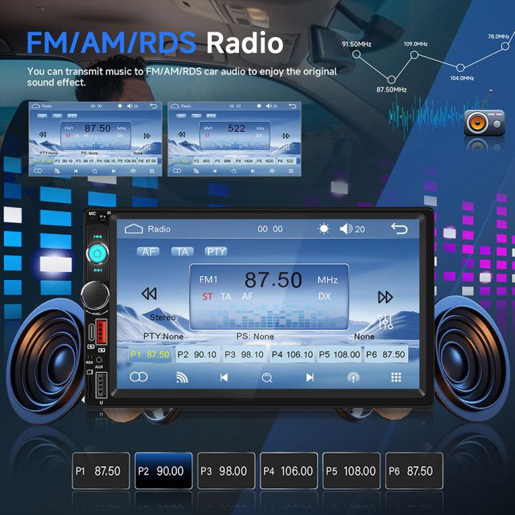 Black 7-inch dual-DIN car MP5 player touchscreen radio display with preset buttons