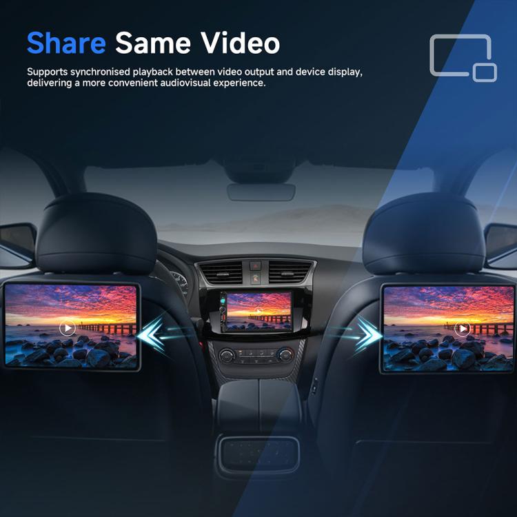 Black 7-inch dual-DIN car MP5 player touchscreen showing split video playback