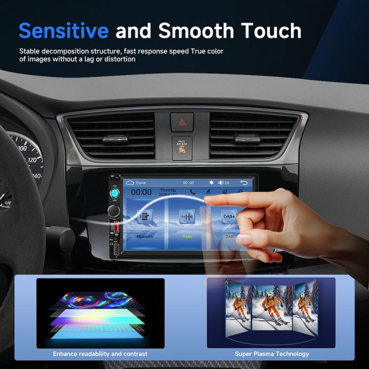 Black 7-inch dual-DIN car MP5 player touchscreen with finger touch controls