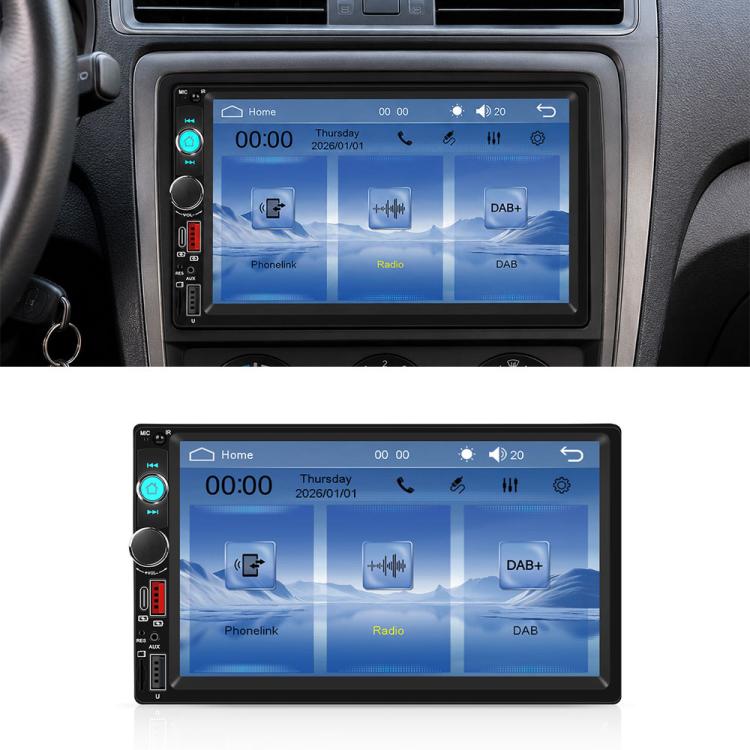 7-inch car MP5 touchscreen head unit with Home screen and side control buttons