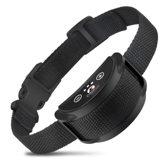 Black woven anti-bark dog training collar with adjustable strap and control module