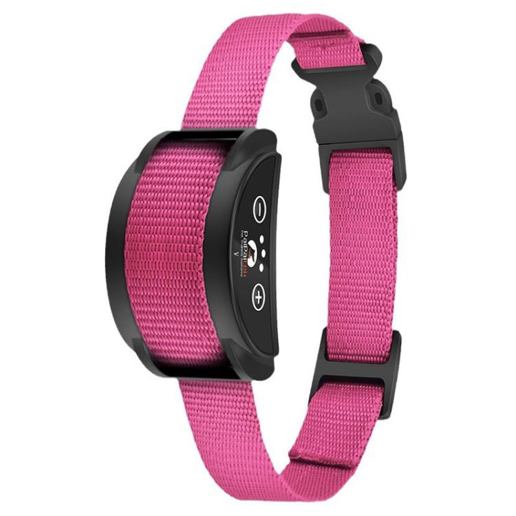 Dog anti-bark training collar with pink fabric strap and black control module