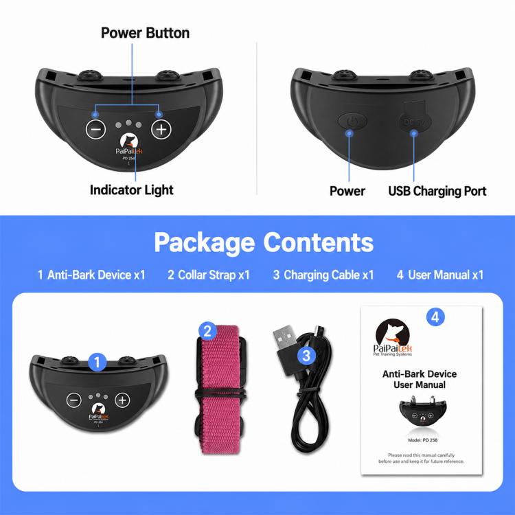 Anti-bark training collar kit: black controller, pink strap, charging cable, manual
