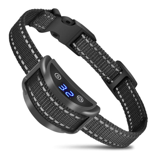 Black USB rechargeable anti-bark dog training collar with fabric strap and blue LED display