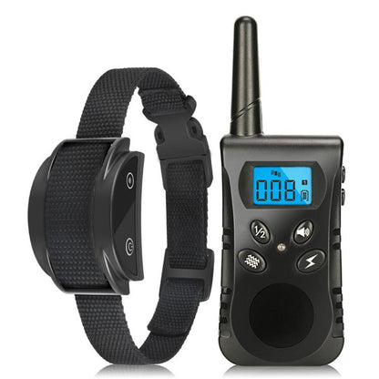 Remote anti-bark dog training collar set with receiver, antenna, and black nylon strap