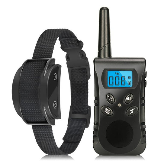 Remote anti-bark dog training collar set with receiver, antenna, and black nylon strap