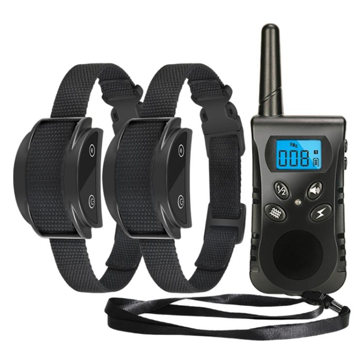 Remote anti-bark dog training collar with two receiver units, black strap, and handheld controller