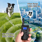 Remote anti-bark training controller with screen and dog collar by city skyline backdrop