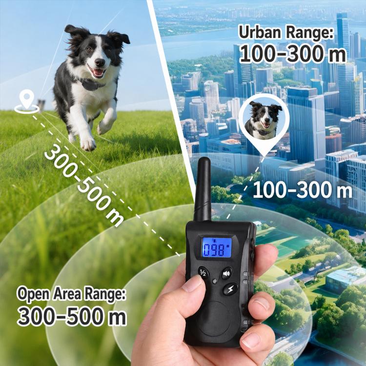 Remote anti-bark training controller with screen and dog collar by city skyline backdrop