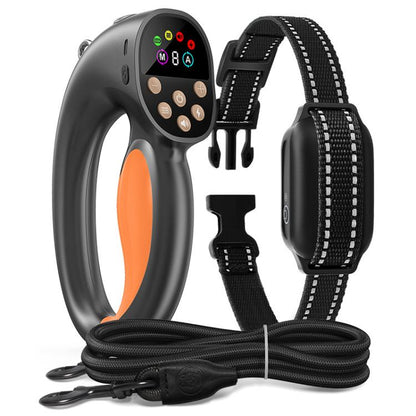 Smart anti-tug dog leash training device kit with remote, collar strap, and charging cable