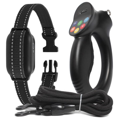 Black electronic dog training collar with adjustable fabric strap and handheld receiver
