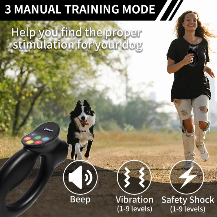 Black handheld dog training remote with colored function buttons and speaker icon