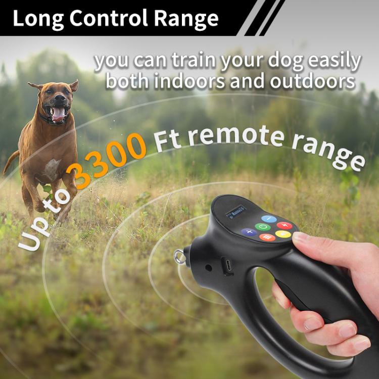 Black handheld dog training remote with finger grip and circular control panel