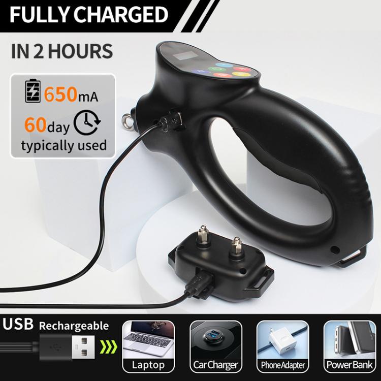 Black rechargeable dog training collar receiver with USB cable and charging indicators