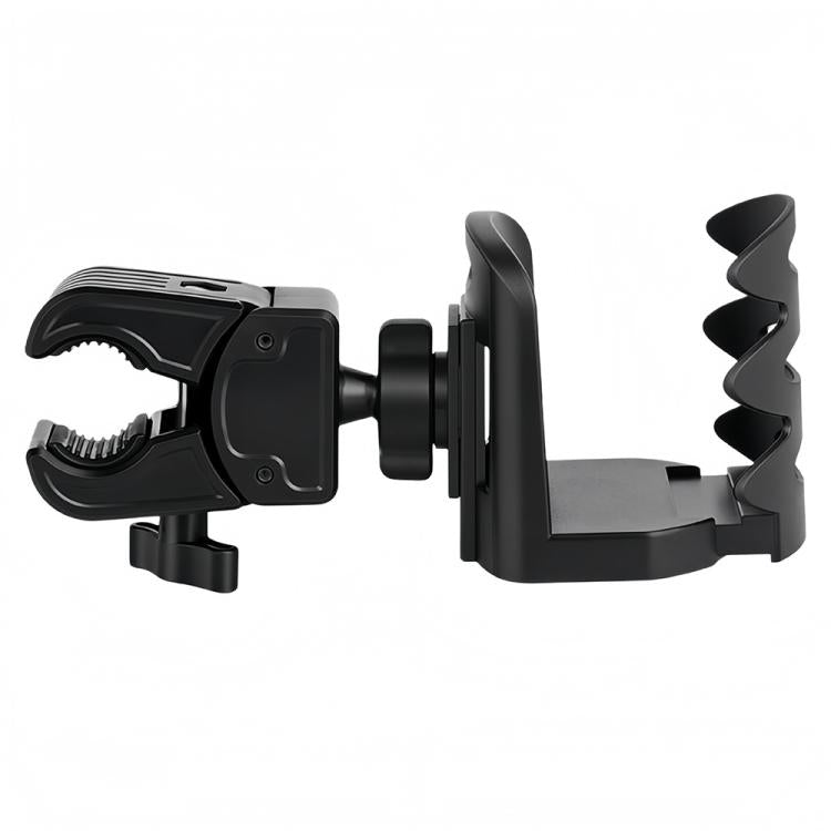 Adjustable car cup holder clamp in black, side view with swinging cup supports