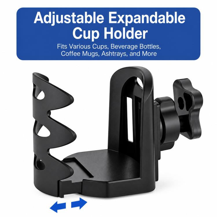 Adjustable expandable cup holder for car armrest, black cradle with curved grips
