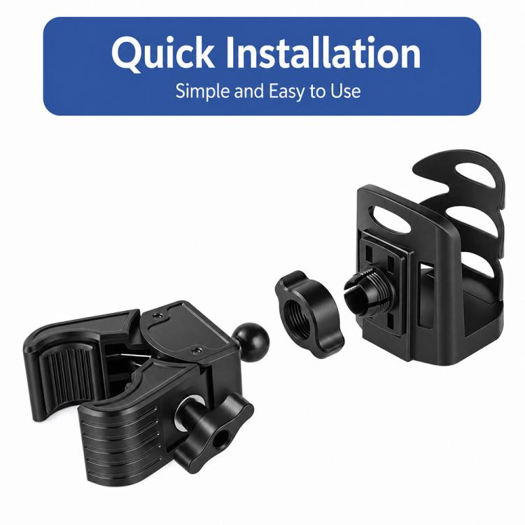 Adjustable car cup holder kit with black clamp pieces and cradle, quick-install view