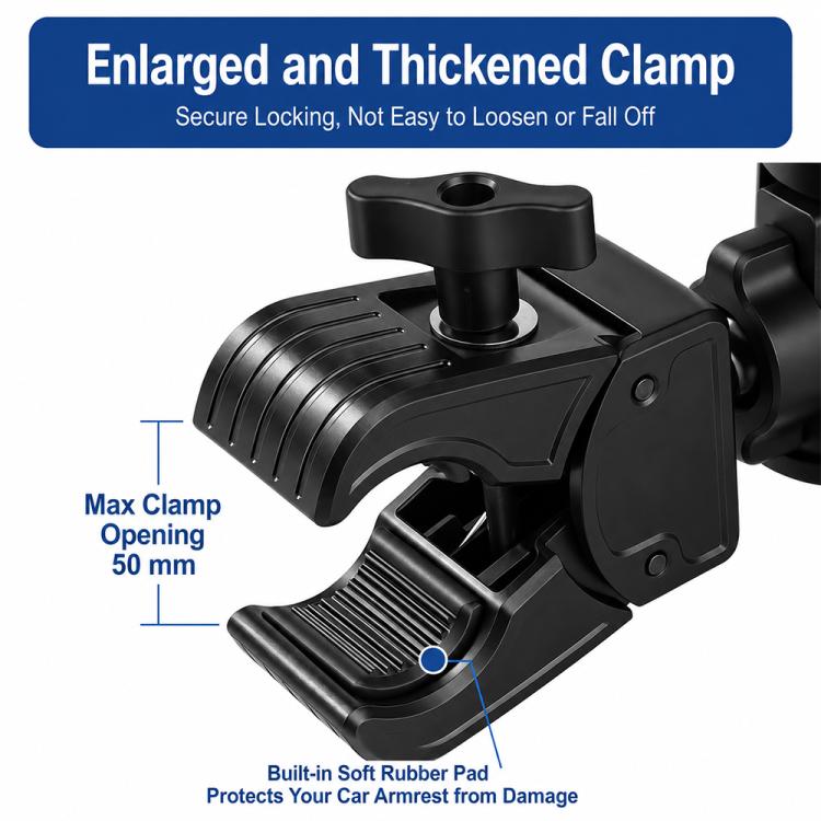 Car cup holder clamp with thick base and black armrest mount, max opening shown