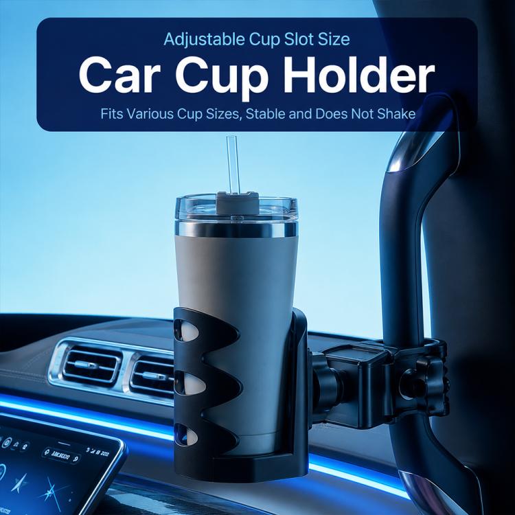 Car cup holder holding a silver tumbler, black adjustable expandable cradle
