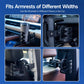 Car cup holder shown mounted in multiple armrest positions, black expandable cradle