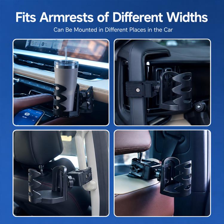 Car cup holder shown mounted in multiple armrest positions, black expandable cradle