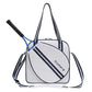 White and navy tennis sports bag with front strap and side carrying handles, zip closure