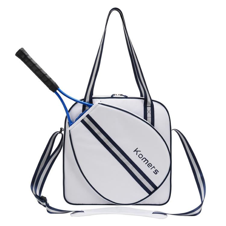 White and navy tennis sports bag with front strap and side carrying handles, zip closure