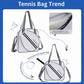Komers tennis sports bag with white body, navy stripe, and dual shoulder handles.
