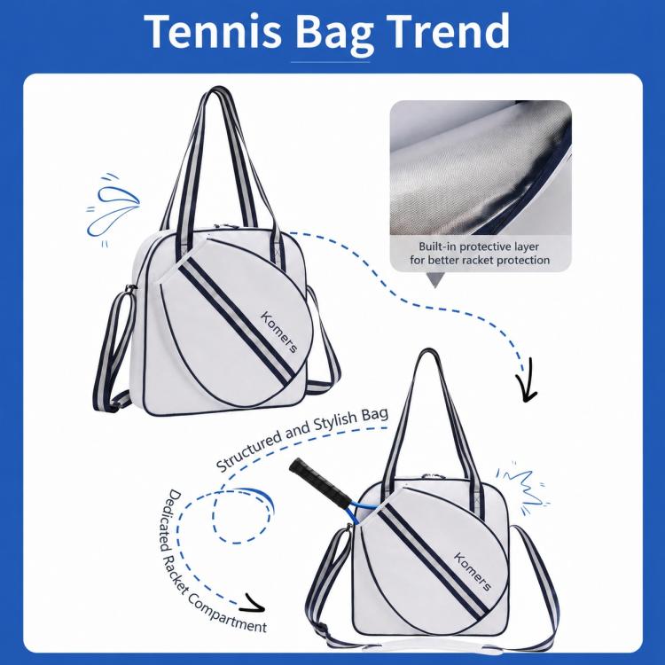 Komers tennis sports bag with white body, navy stripe, and dual shoulder handles.