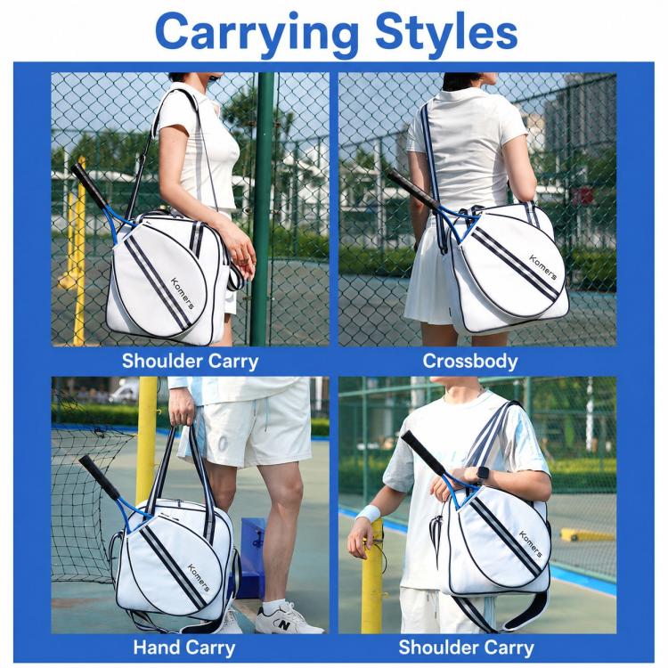 Komers tennis bag with adjustable straps, shown in shoulder, crossbody, and hand carry.