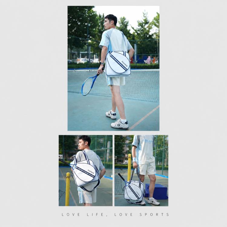 Komers tennis sports bag with navy stripe, worn crossbody by a player on court.
