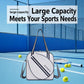 Komers large-capacity tennis bag in white with navy stripe, with tennis balls nearby.