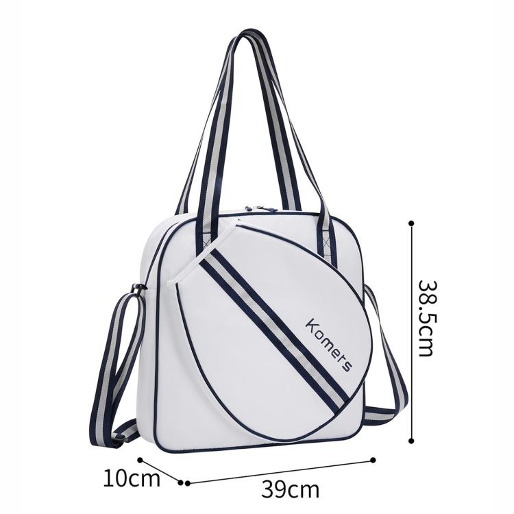 White and navy tennis sports bag with tall handle, curved front panel, compact rectangular base