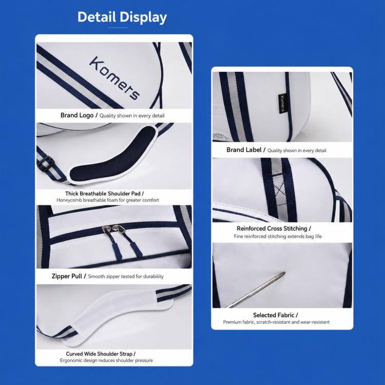 White and navy tennis sports bag with reinforced stitching and zipper pull detail