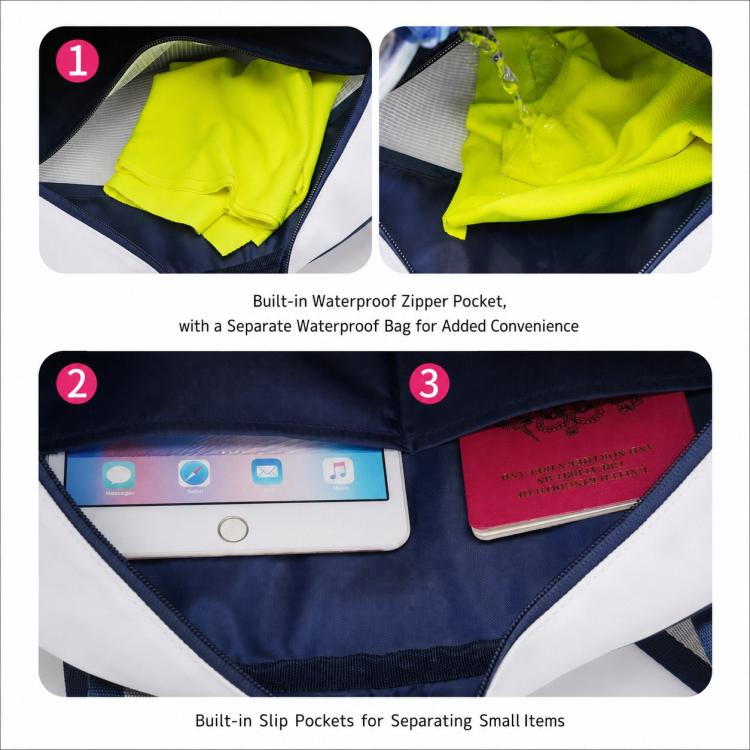 White and navy tennis bag with waterproof zipper pocket and slip pockets for small items
