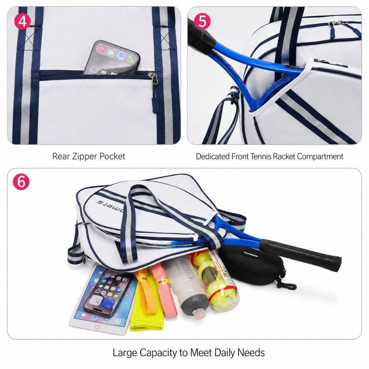 White and navy tennis bag with rear zipper pocket and front racket compartment