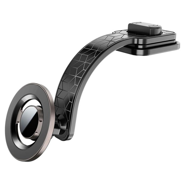 Foldable magnetic car phone holder with vent clip and circular metal magnet disc.