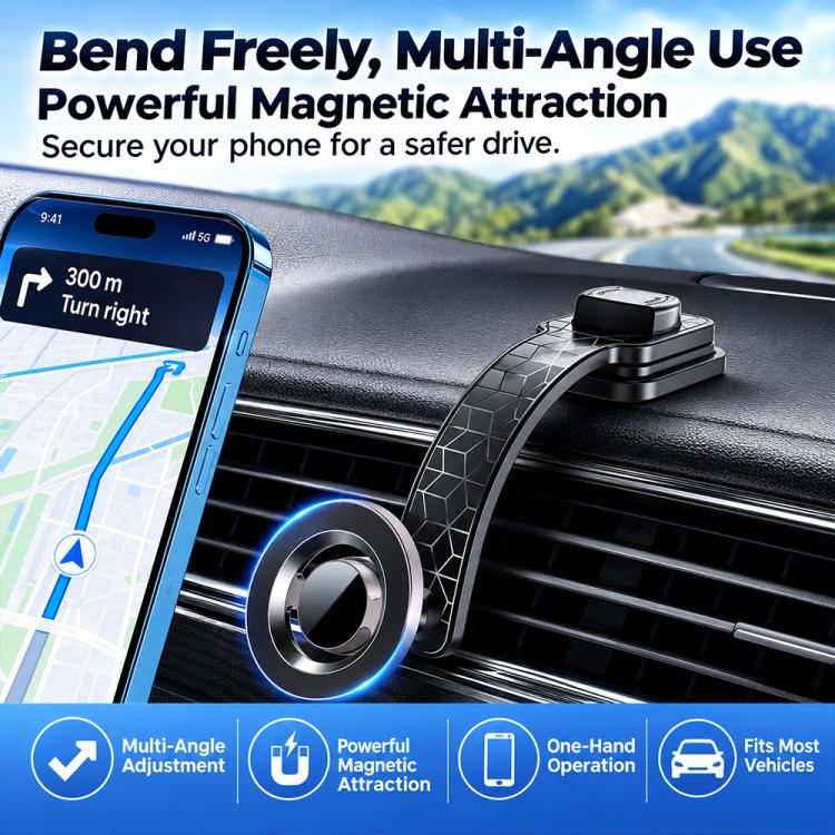 Magnetic car phone holder holding a smartphone on a vent mount, black with silver ring.
