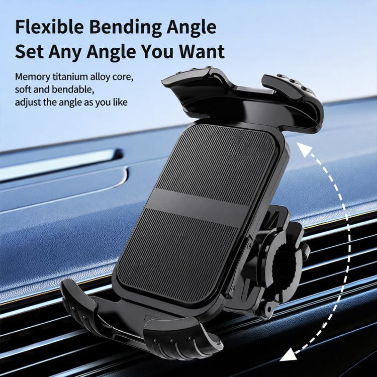 Smartphone in a magnetic car phone holder with vent clip and textured grip arm.