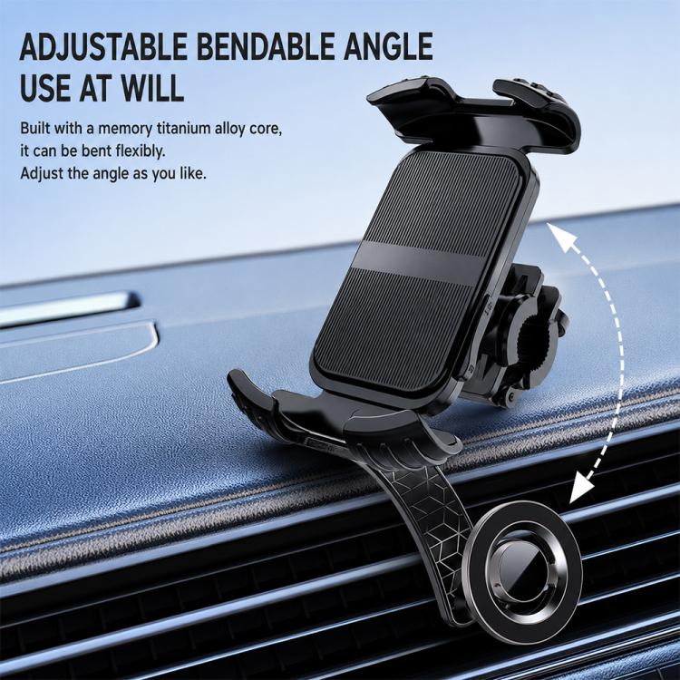 Car phone holder with tilted smartphone mount and vent clip, black with silver magnet ring.