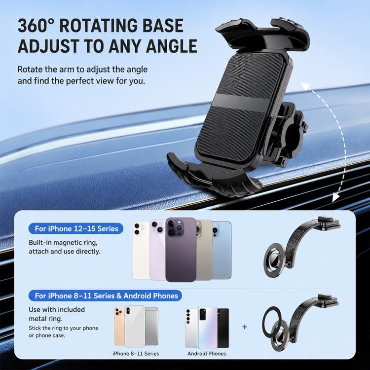 Rotating base magnetic car phone holder with smartphone clamp and vent mount, black.